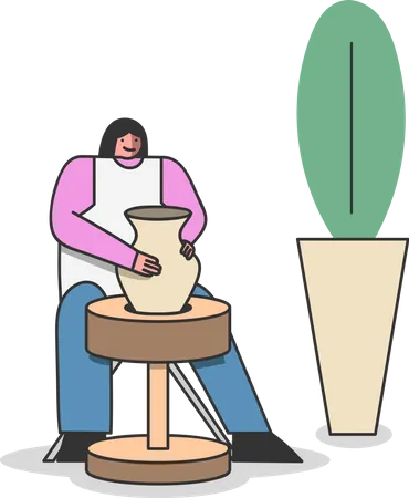 Girl making clay pots and pottery workshop Illustration