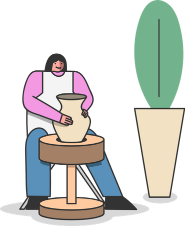 Girl making clay pots and pottery workshop  Illustration