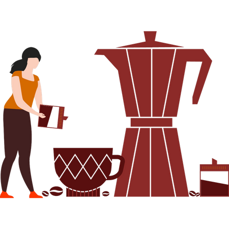Girl making coffee in coffee jug  Illustration