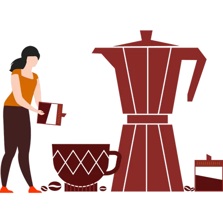 A Girl Pours Coffee Into A Mixer Illustration