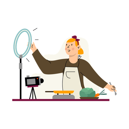Girl making Cooking Demonstration with Ring Light  Illustration