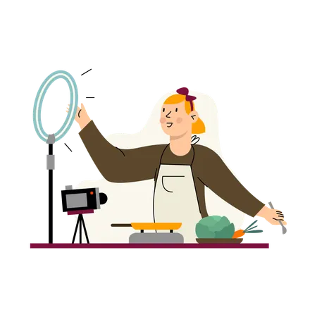 Girl making Cooking Demonstration with Ring Light  Illustration
