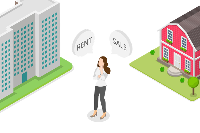 Girl Making Decision for rent house and sell property  Illustration