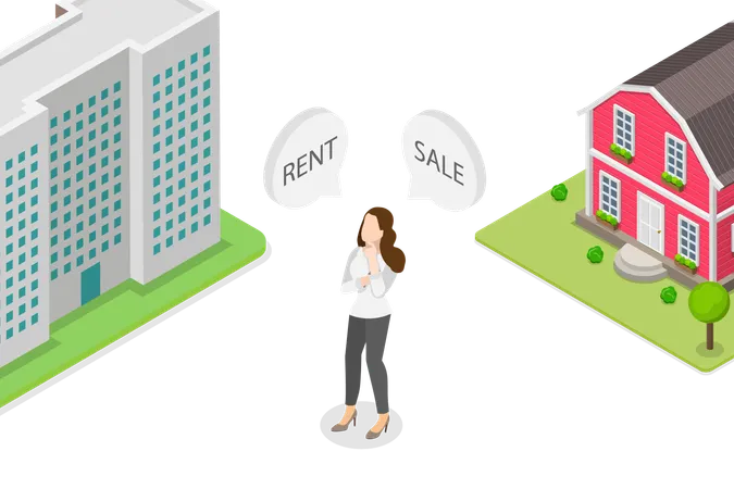 3 D Isometric Flat Vector Illustration Of Rent Vs Sell Property Making Decision Illustration