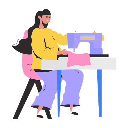 Girl making dress using sewing machine  Illustration
