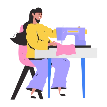 Girl making dress using sewing machine  Illustration