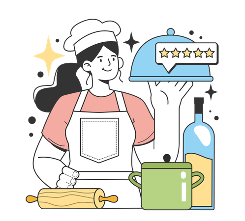 Girl making food while getting five rating stars Catering business  일러스트레이션