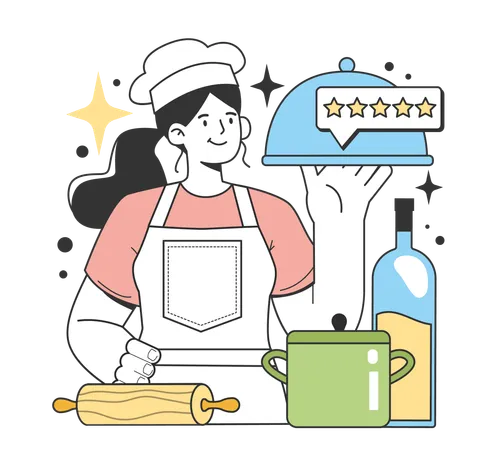 Girl making food while getting five rating stars Catering business  Illustration