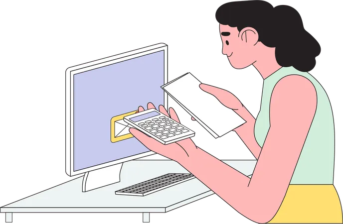 Girl making income tax return and calculating business invoices  Illustration