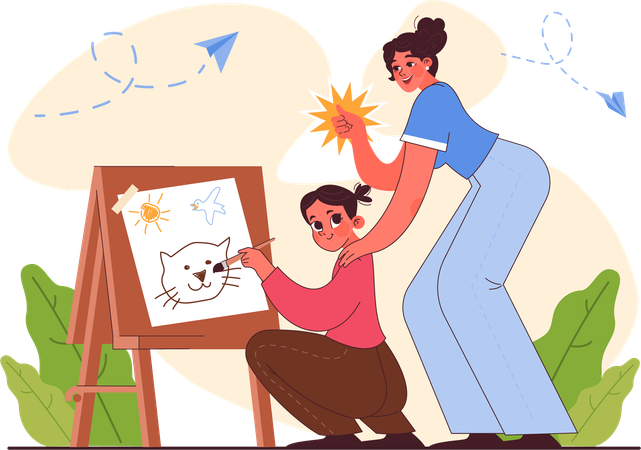 Girl making painting while mother appreciate her daughter  Illustration
