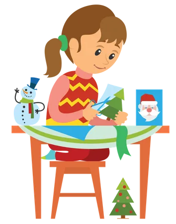 Girl making paper christmas tree  Illustration