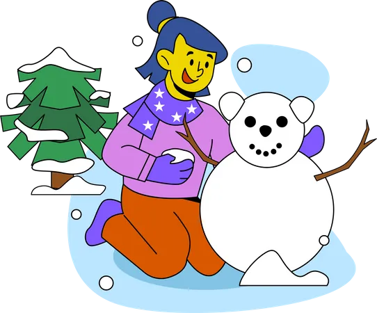 Girl making Snow Man Illustration