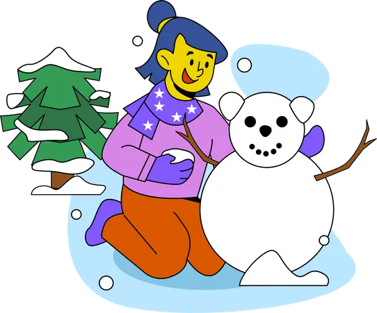 Girl making Snow Man  Illustration