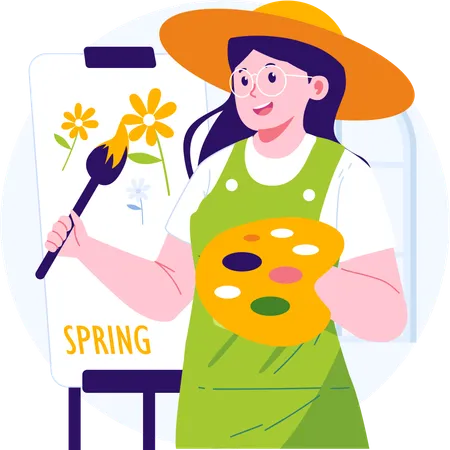 Girl making spring painting  Illustration