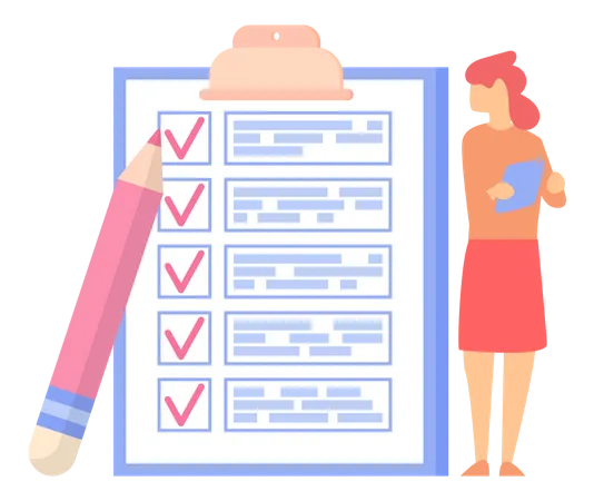 Female Office Worker Check Checklist Mark Completion Of Tasks And Plans Girl With Pen And Clipboard To Do List Concept Sociological Or Business Survey Questionnaire Self Control And Discipline Illustration
