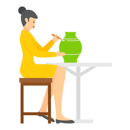Girl Making Vase with her painting skills  Illustration