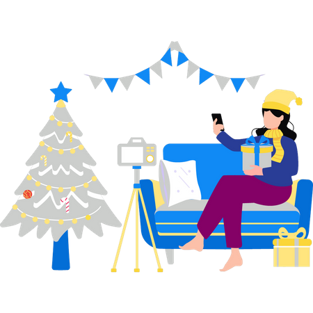 Girl making video with Christmas presents  Illustration