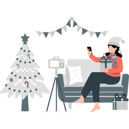 Girl making video with Christmas presents  Illustration