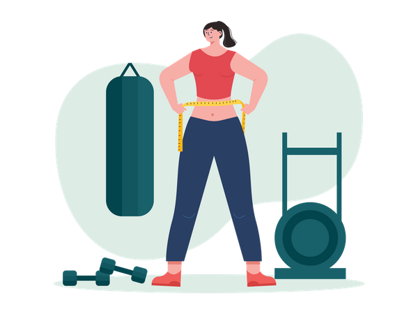 Girl measure waist after working out at gym Illustration