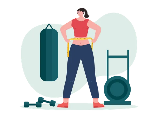 Girl measure waist after working out at gym Illustration