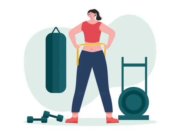 Girl measure waist after working out at gym  Illustration