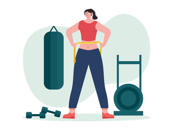 Girl measure waist after working out at gym  イラスト