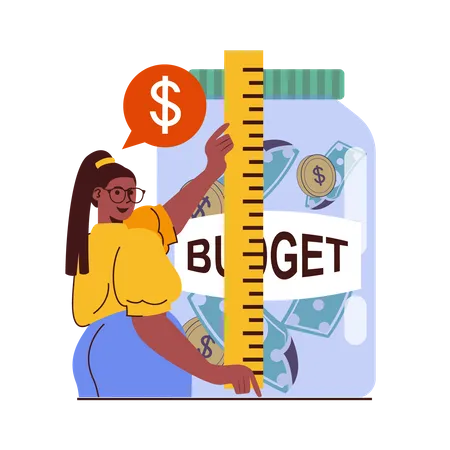 Girl measuring money jar  Illustration