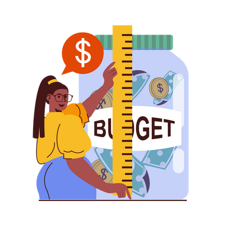 Girl measuring money jar  Illustration