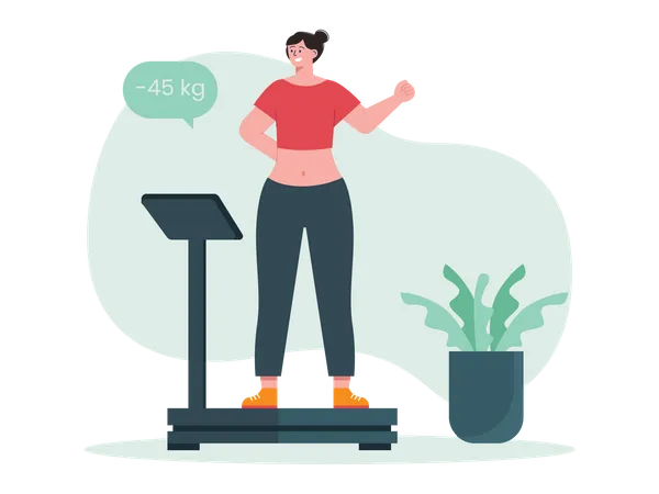 Girl measuring weight on weighing scale Illustration