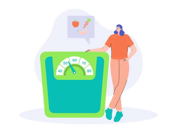 Girl measuring weight on weighing scale Illustration