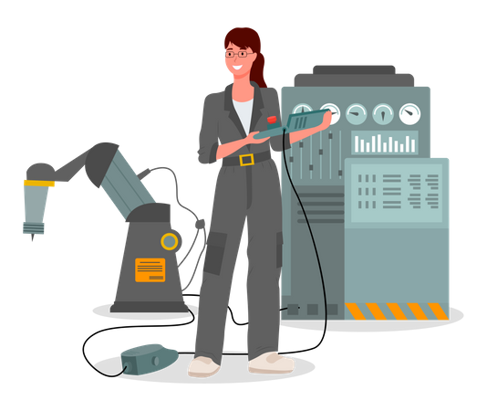 Girl mechanic dressed in special uniform gray work overalls near Industrial machine  Illustration