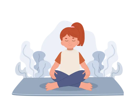 Girl Meditating In Lotus Pose Meditation For Children Flat Vector Cartoon Character Illustration Illustration