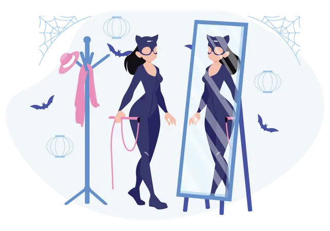 Girl Mirror Wearing Halloween Costume  Illustration