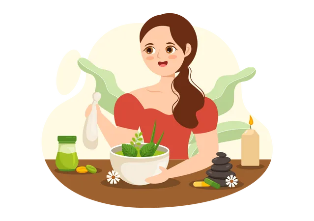 Girl mixing herbs to make herbal medicine  Illustration