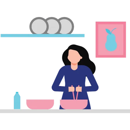 The Girl Is Mixing Ingredients In A Bowl Illustration