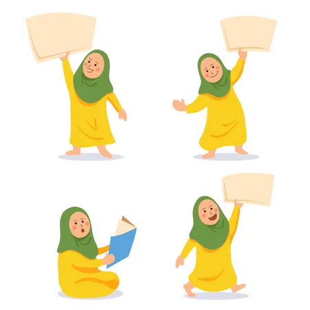 Girl Moslem Kids Character Bring Blank Paper Set  Illustration