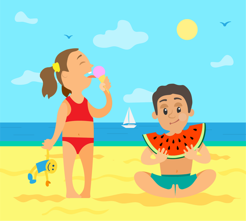 Girl on beach eating ice cream and boy eating melon  Illustration