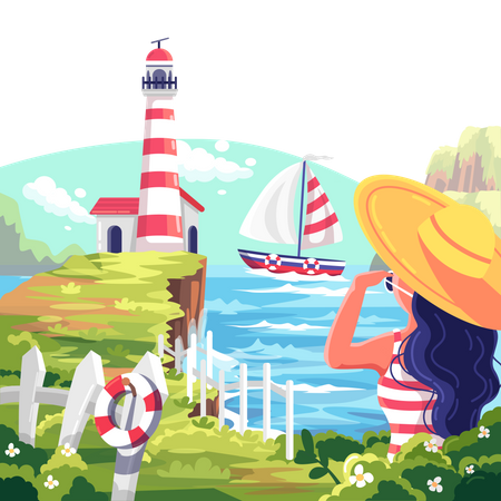 Girl on beach side  イラスト