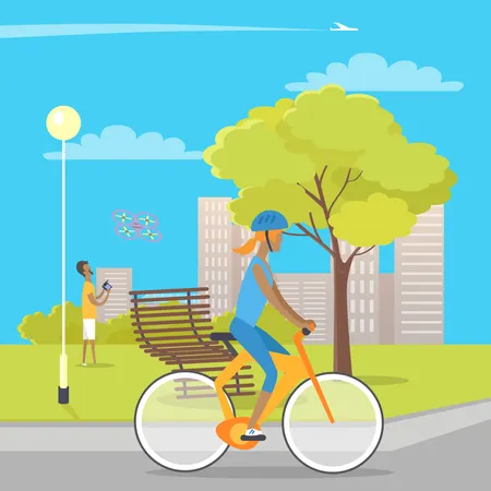Young Girl In Helmet Riding Bicycle On Grey Path And Male Person On Green Gras Playing With Flying Quadrocopter Vector Illustration Of People Spending Time In Park With Street Lamp Wooden Bench Illustration
