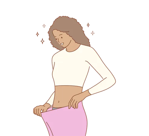 Health Care Dieting Success Goal Achievement Concept Young Happy Smiling African American Slim Woman In Old Big Jeans Showing Diet Results Healthy Lifestyle And Reaching Purposes Illustration Illustration