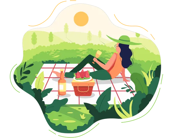 A Girl For A Picnic In The Park She Laid The Foundation Cloth And Laid The Picnic Basket Put The Watermelon On The Basket Pour A Glass Of Orange Juice And Sip Comfortably Vector Flat Illustration Illustration