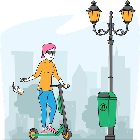 Girl on Push Scooter Passing by Litter Bin Throwing Garbage on Ground Ignoring Warning Sign Illustration