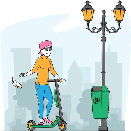 Girl on Push Scooter Passing by Litter Bin Throwing Garbage on Ground Ignoring Warning Sign Illustration