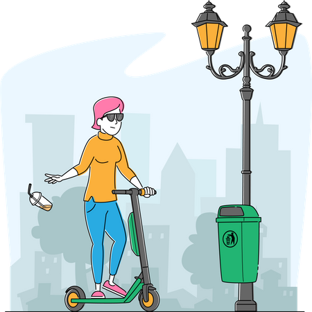 Girl on Push Scooter Passing by Litter Bin Throwing Garbage on Ground Ignoring Warning Sign  Illustration