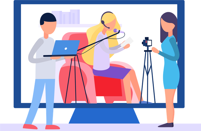 Girl on the screen reads the lyrics and sings into the microphone  Illustration