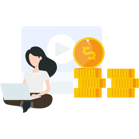 A Girl Sitting On Laptop And Doing Investment Illustration