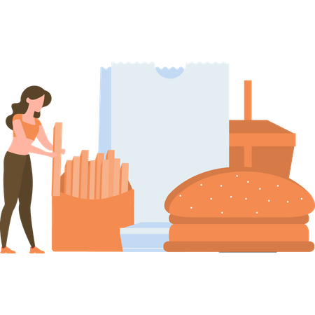 Girl online order burger meal  Illustration