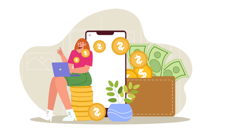 Girl online transfer money in wallet  Illustration