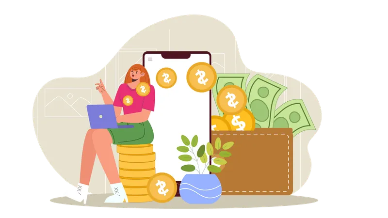 Girl online transfer money in wallet  Illustration