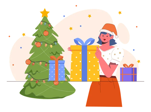 Girl opening christmas gift  Illustration